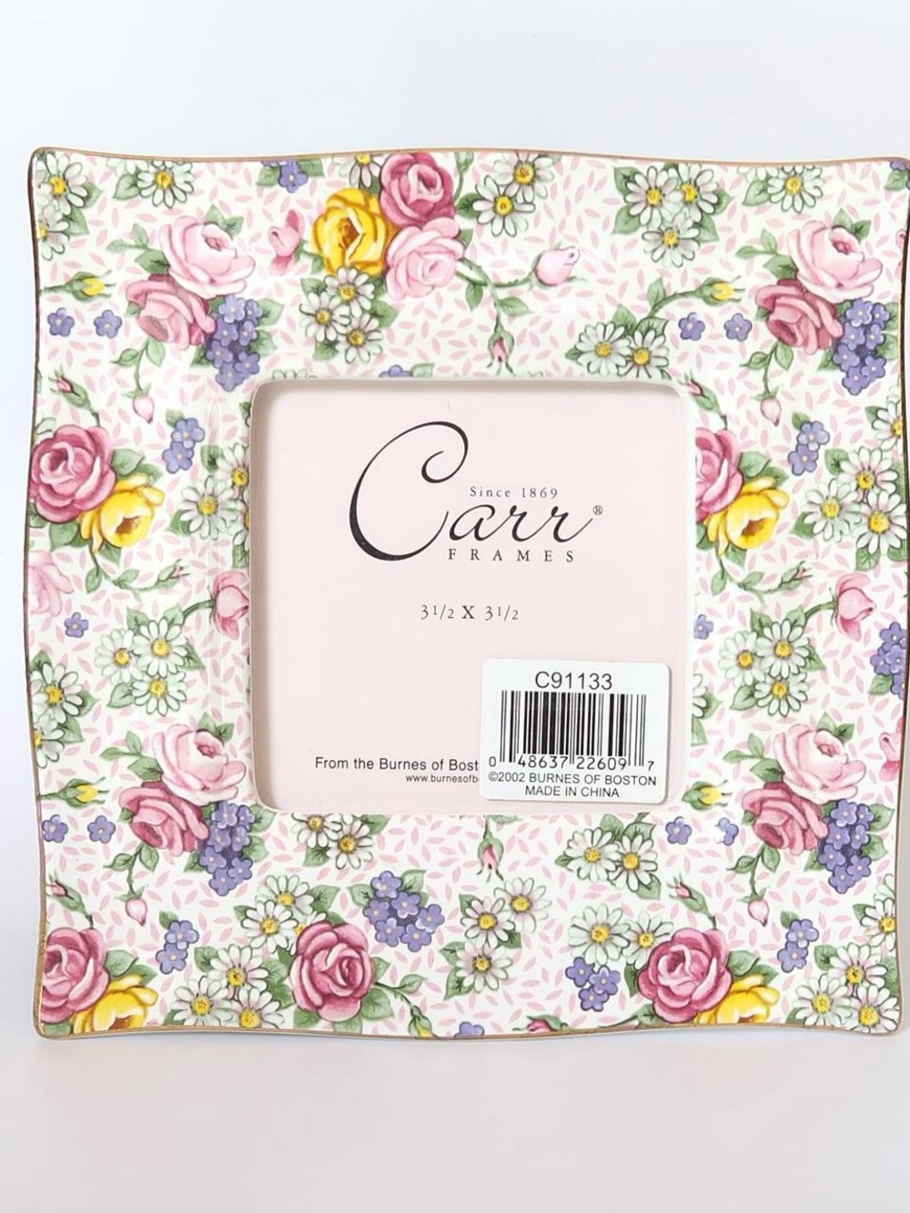 Vintage Carr Floral Porcelain Picture Frame 3.5x3.5 New in Box Roses Gold Trim